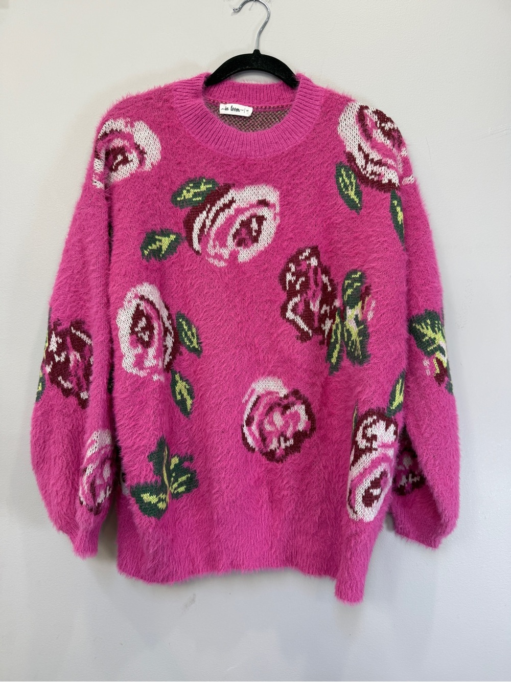 Le Bon Pink Floral Fuzzy Crewneck Sweater
